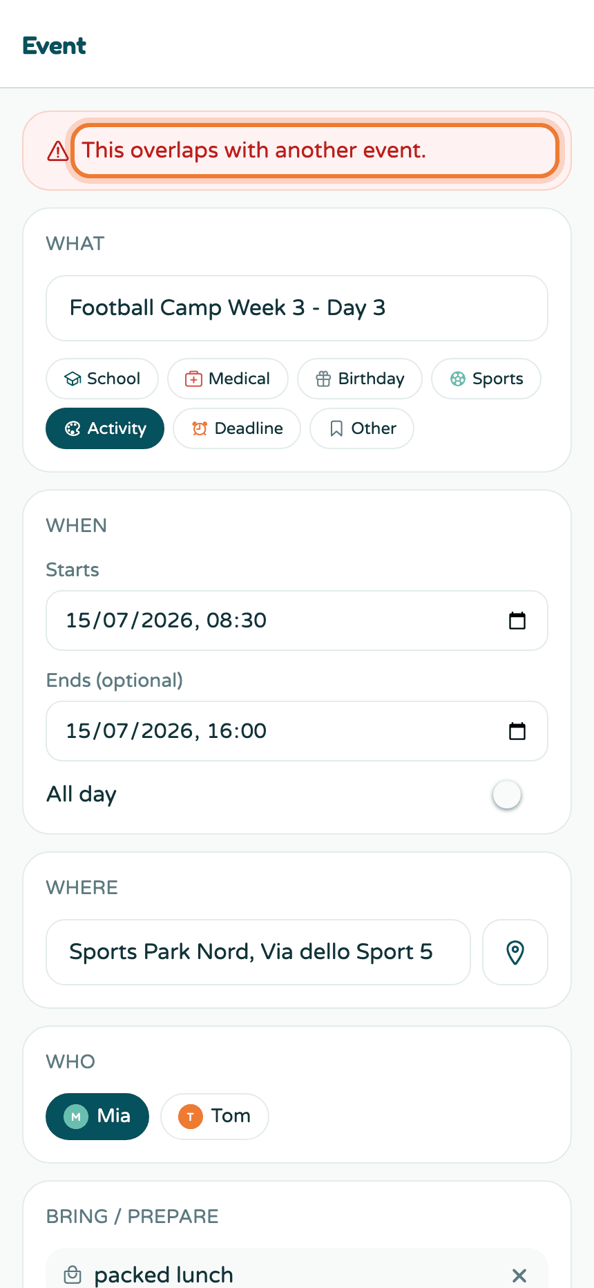 An event detail showing the warning that it overlaps with another event