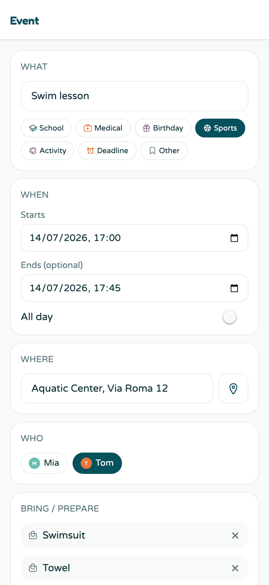 An event detail screen showing title, category, time, location, kid, and bring items