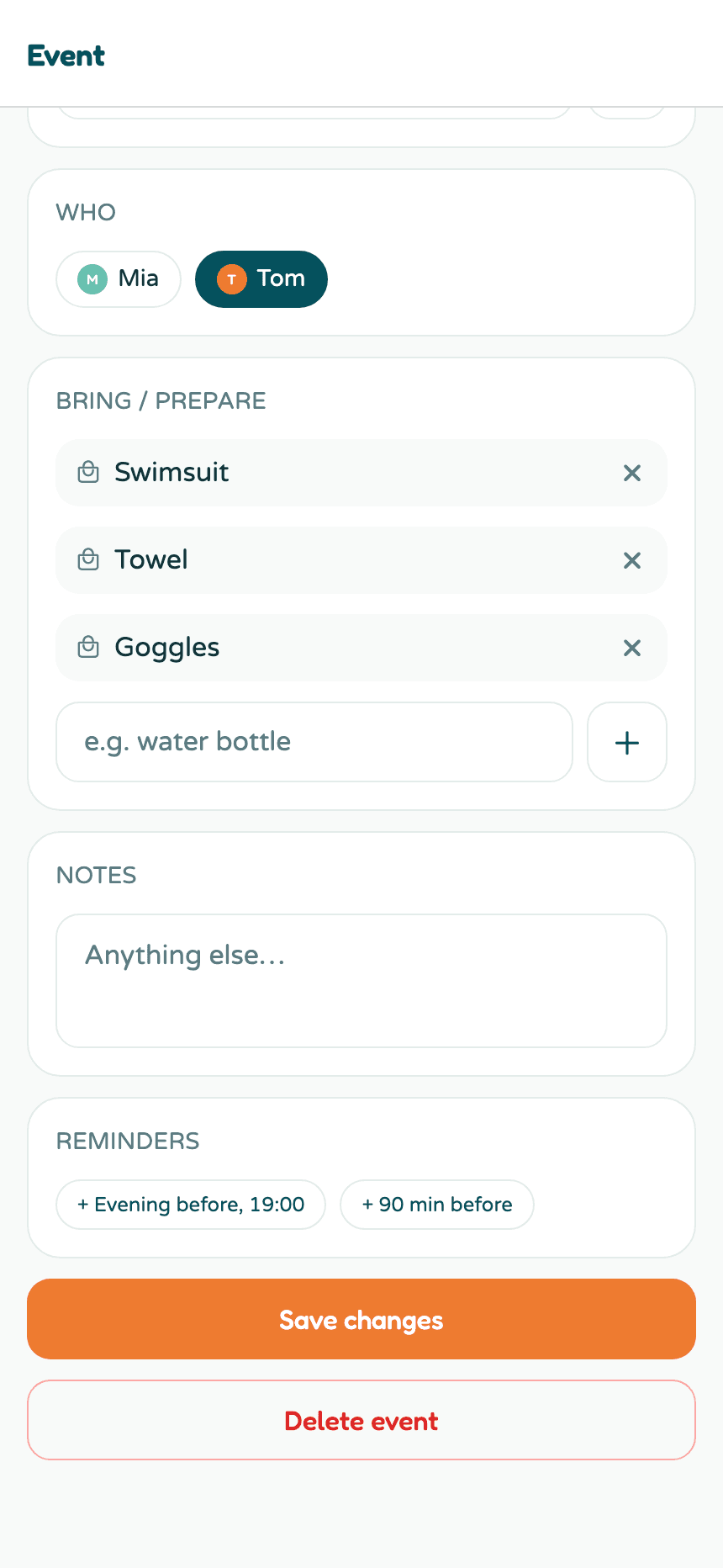 The reminders section of an event with quick reminder options