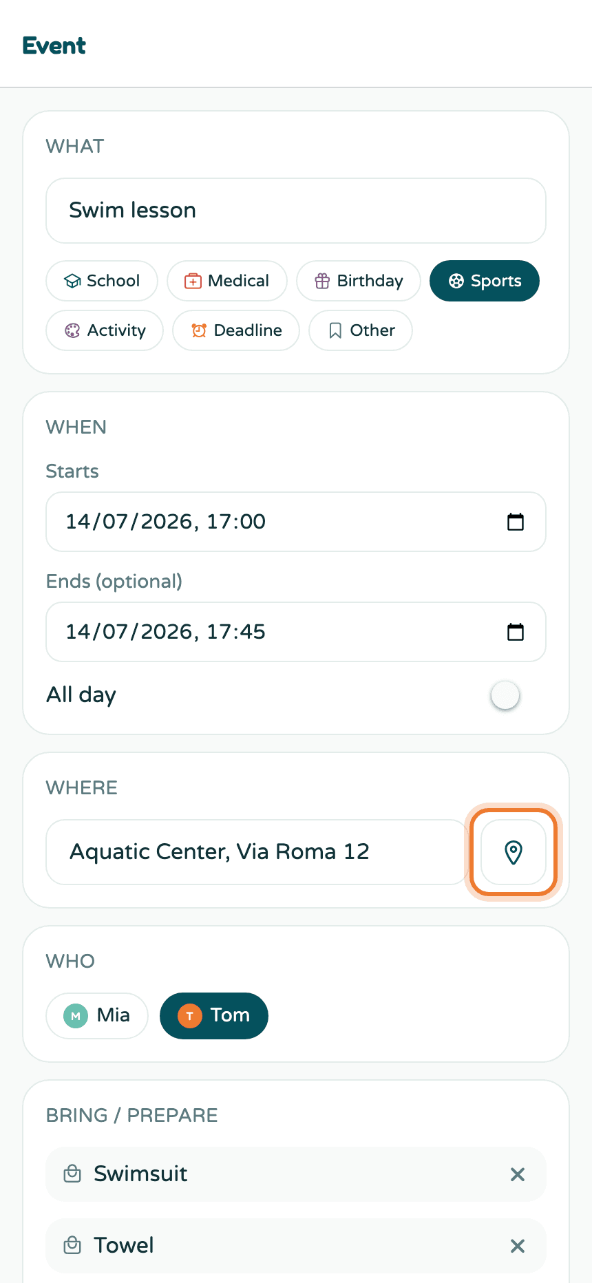 The event detail with the open-in-maps pin button highlighted