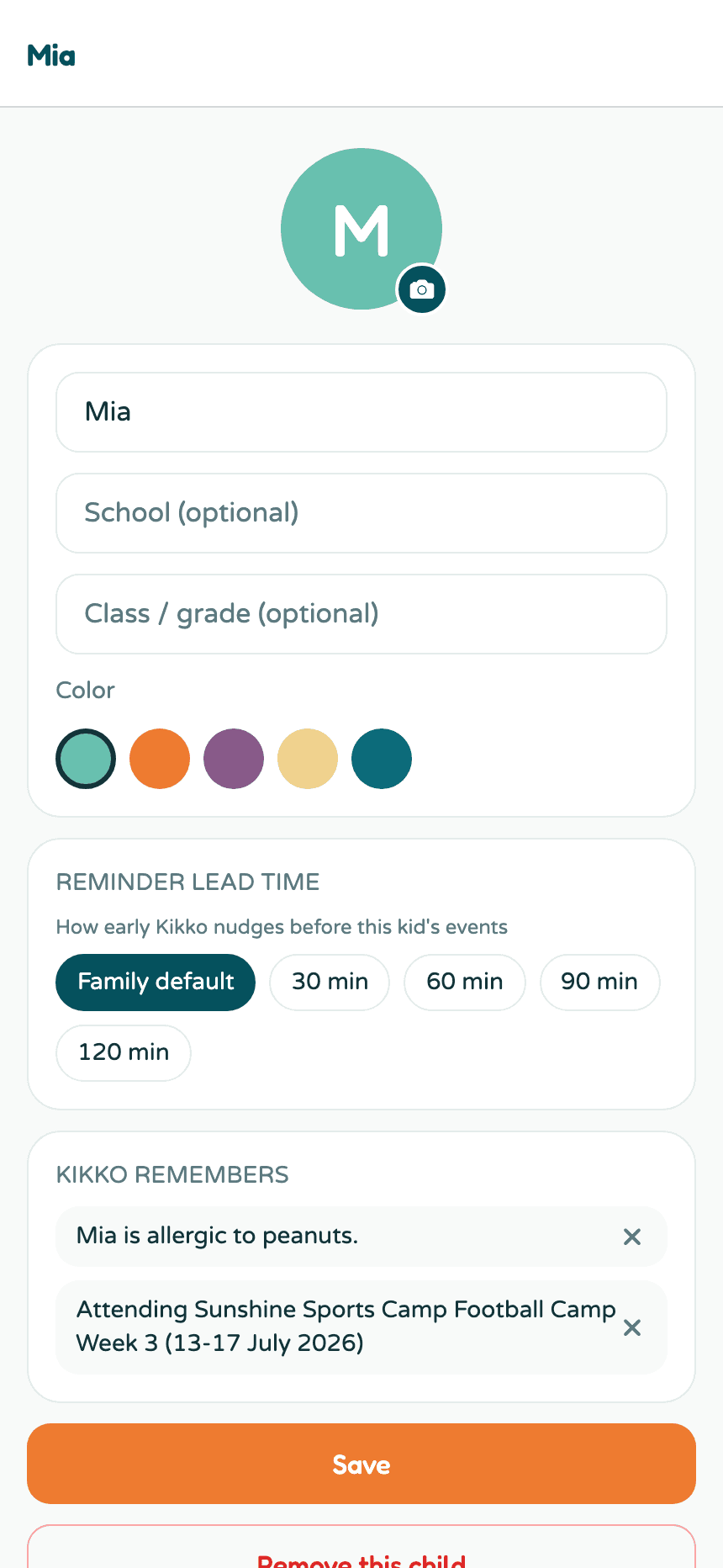 A kid's profile with name, school, class, color choices, and reminder lead time