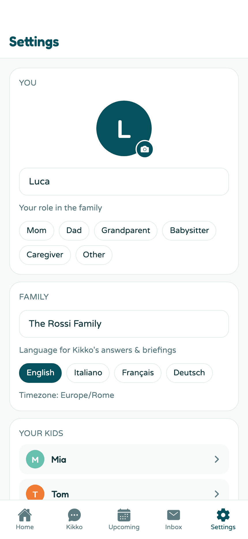 The Your Kids card in Settings listing each kid