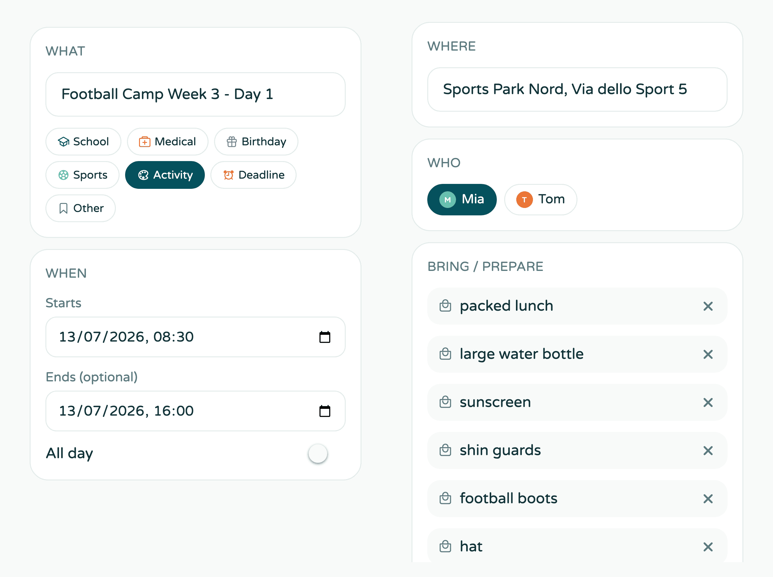 Kikko event card built from a forwarded camp email: title and category, start and end times, the camp's address, Mia selected under Who, and a bring list with packed lunch, water bottle, sunscreen, shin guards, football boots and hat