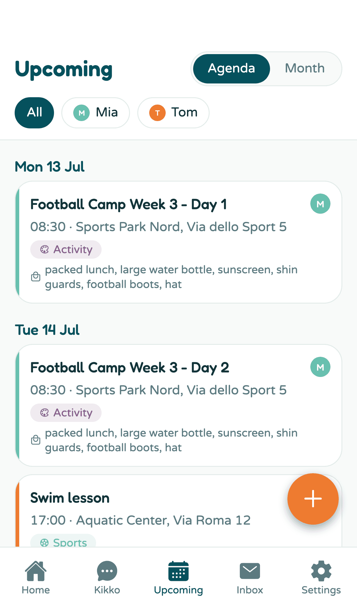 Kikko agenda view of the family's week, with camp days and a swim lesson as event cards showing times, locations and what to bring, plus filter chips for each kid