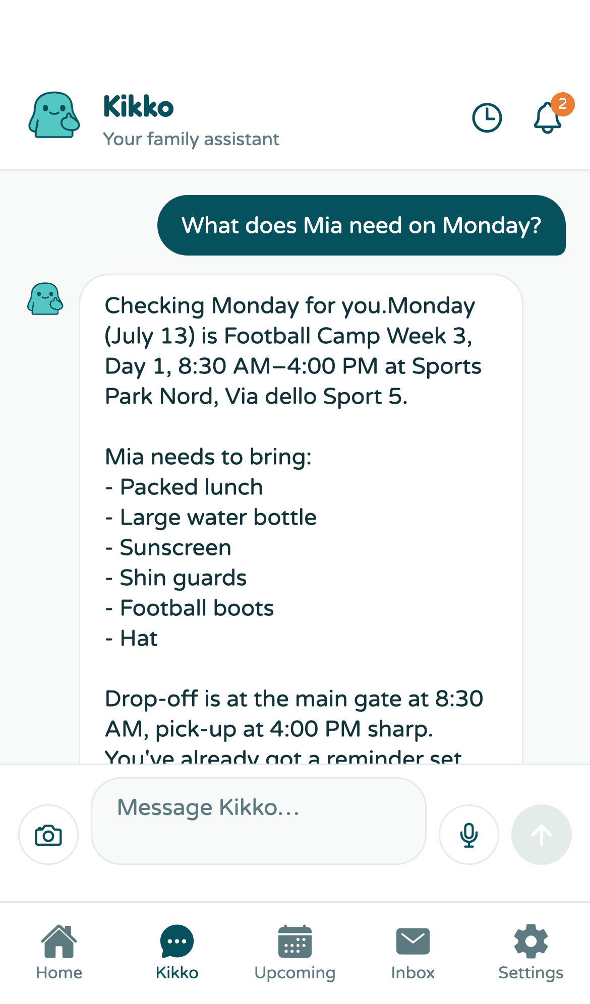 Kikko chat answering 'What does Mia need on Monday?' with the camp day's time and place and the full list of what Mia needs to bring