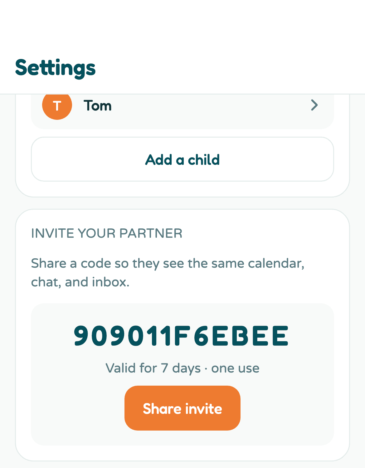 Kikko settings screen with the Invite your partner section: a one-use invite code and a Share invite button, described as letting your partner see the same calendar, chat and inbox