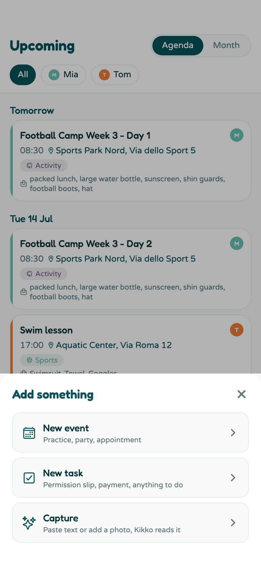 The Add something sheet with New event, New task, and Capture
