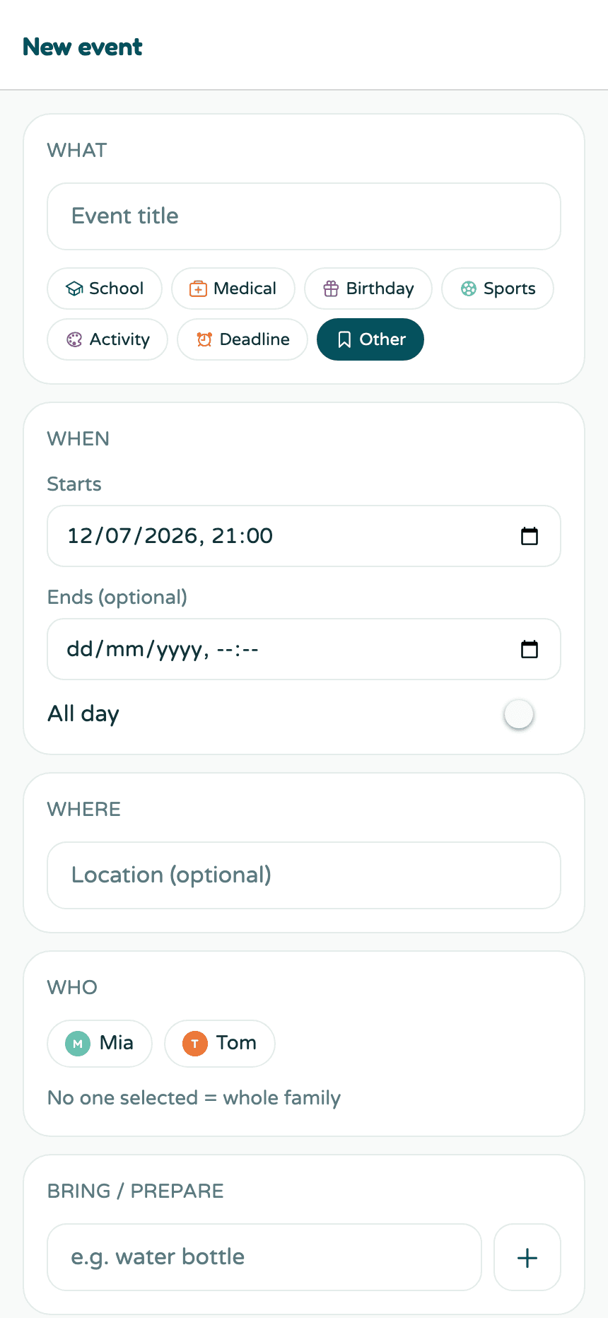 The new event form with title, category chips, date fields, location, kids, and bring items