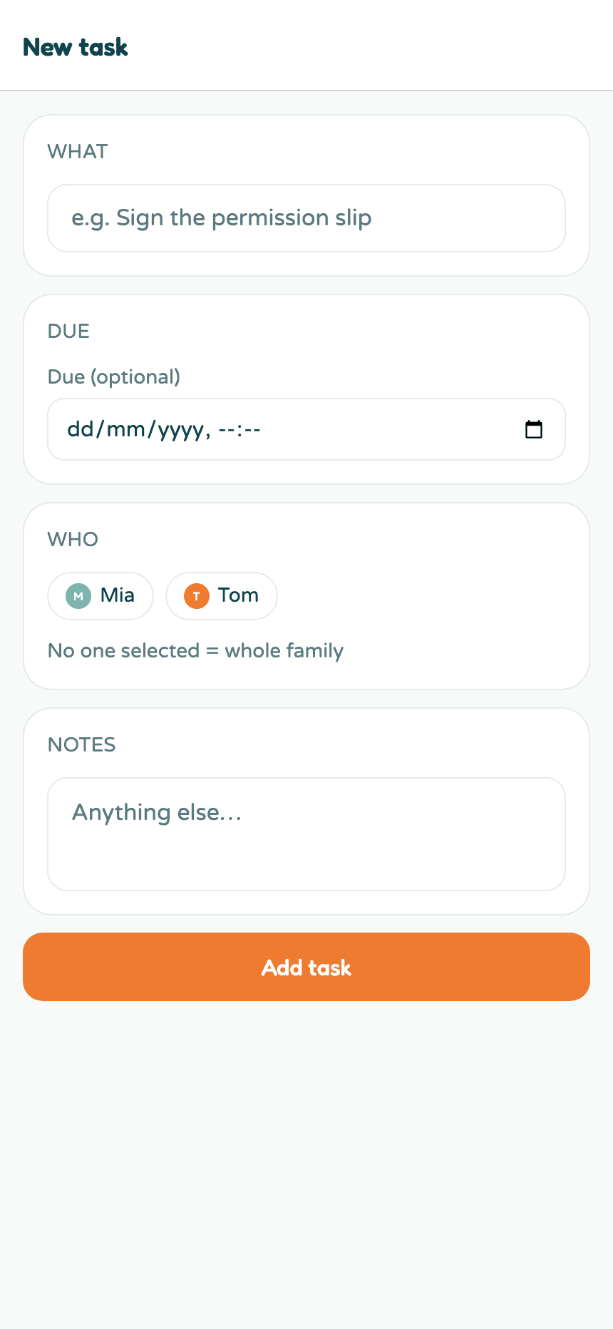 The new task form with title, due date, kid assignment, and notes