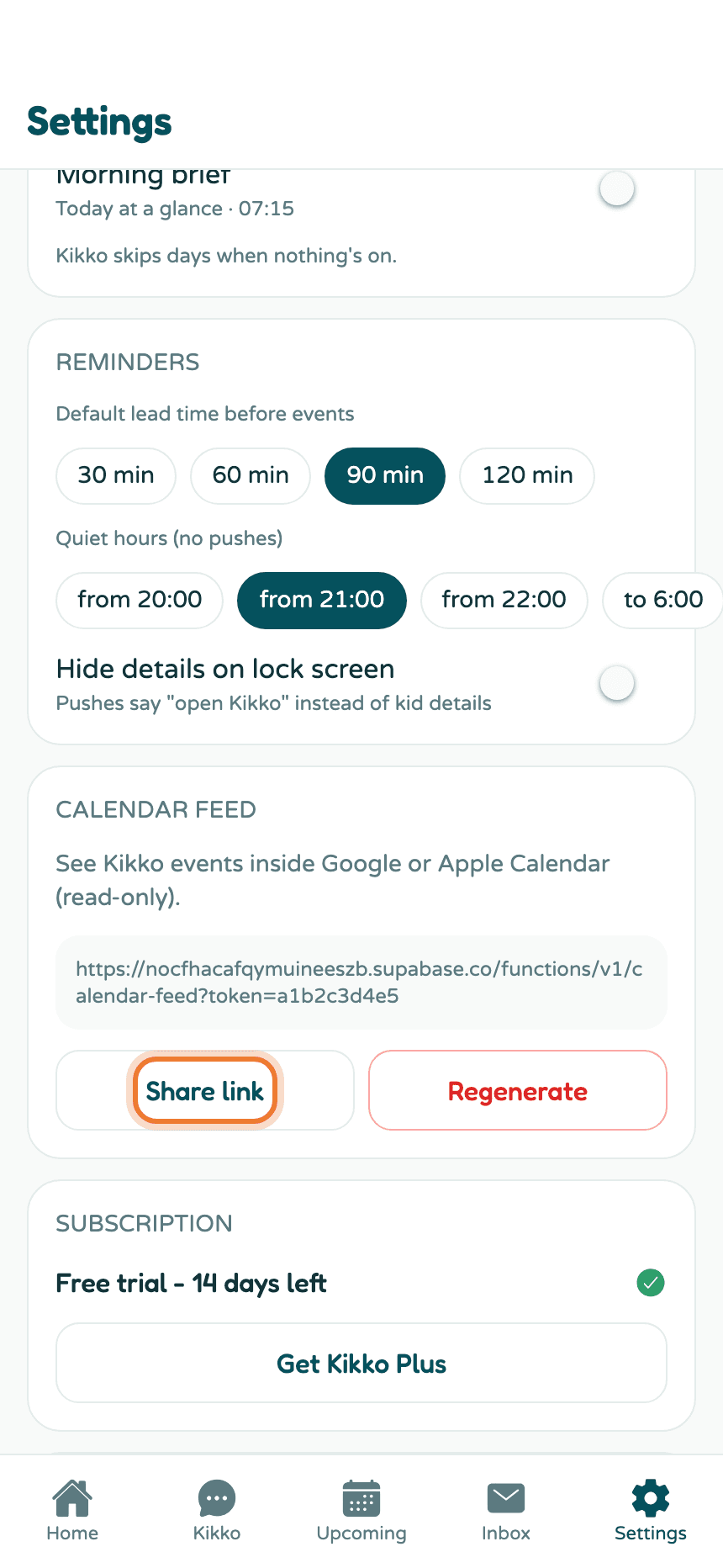 The calendar feed card in Settings with the Share link button highlighted
