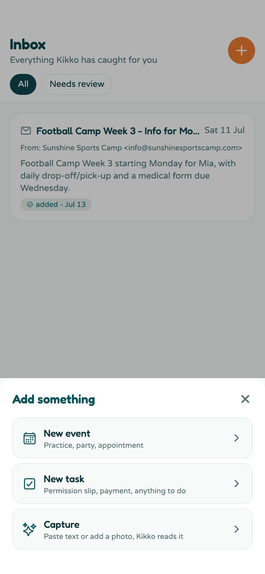 The Add something sheet with New event, New task, and Capture options