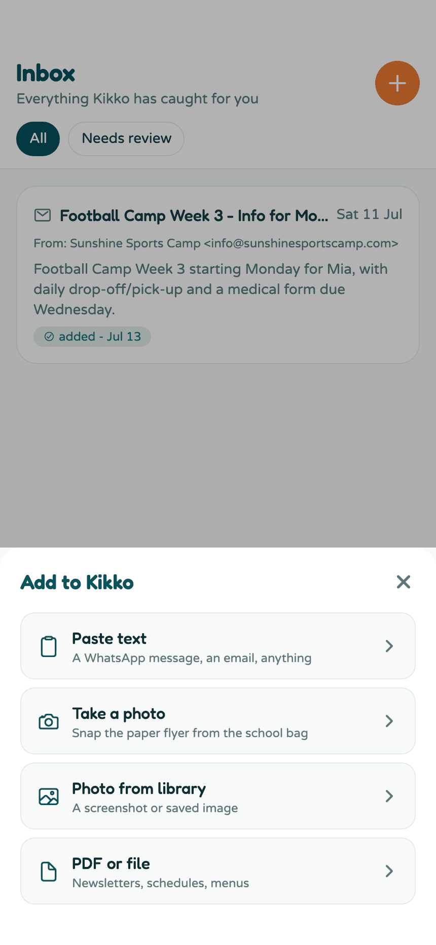 The Add to Kikko sheet with Paste text, Take a photo, Photo from library, and PDF or file options