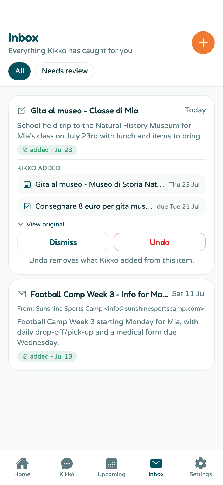 The captured flyer in the Inbox showing an extracted event and a task