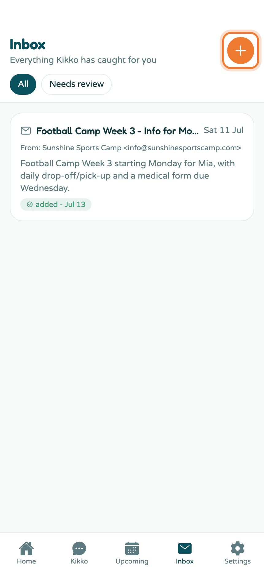 The Inbox tab with the orange plus button highlighted