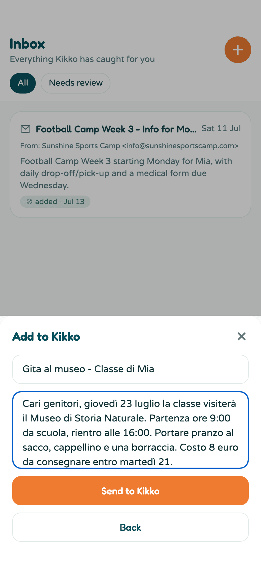 The paste text form filled with an Italian school flyer about a museum trip