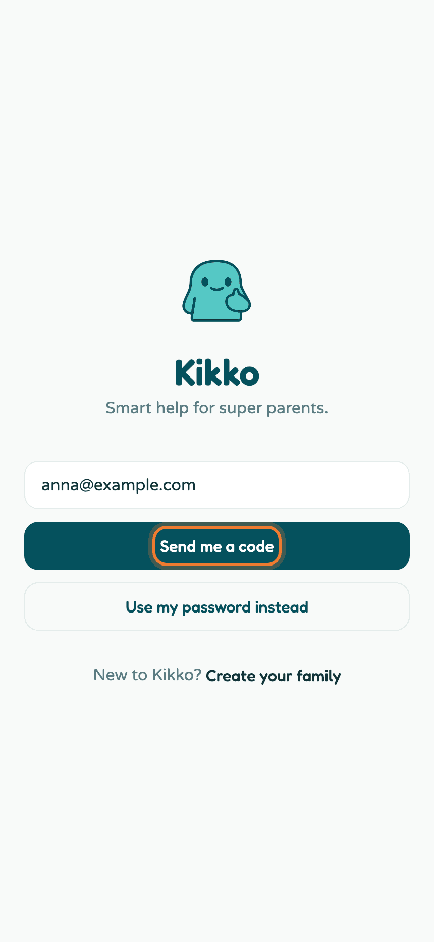 The sign-in screen in code mode with the Send me a code button highlighted