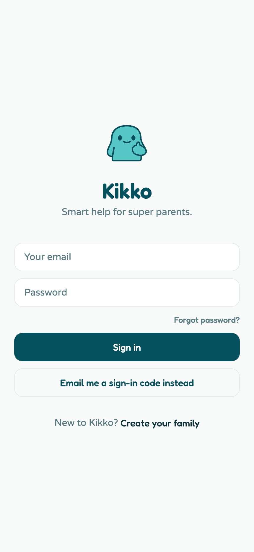 The Kikko sign-in screen with email and password fields