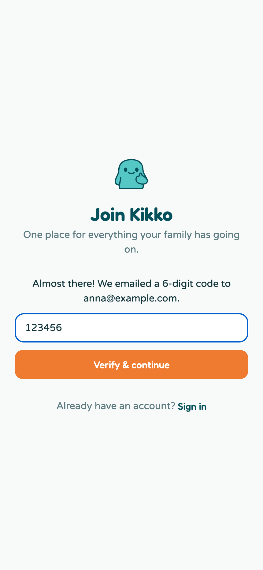 The confirmation code typed into the code field