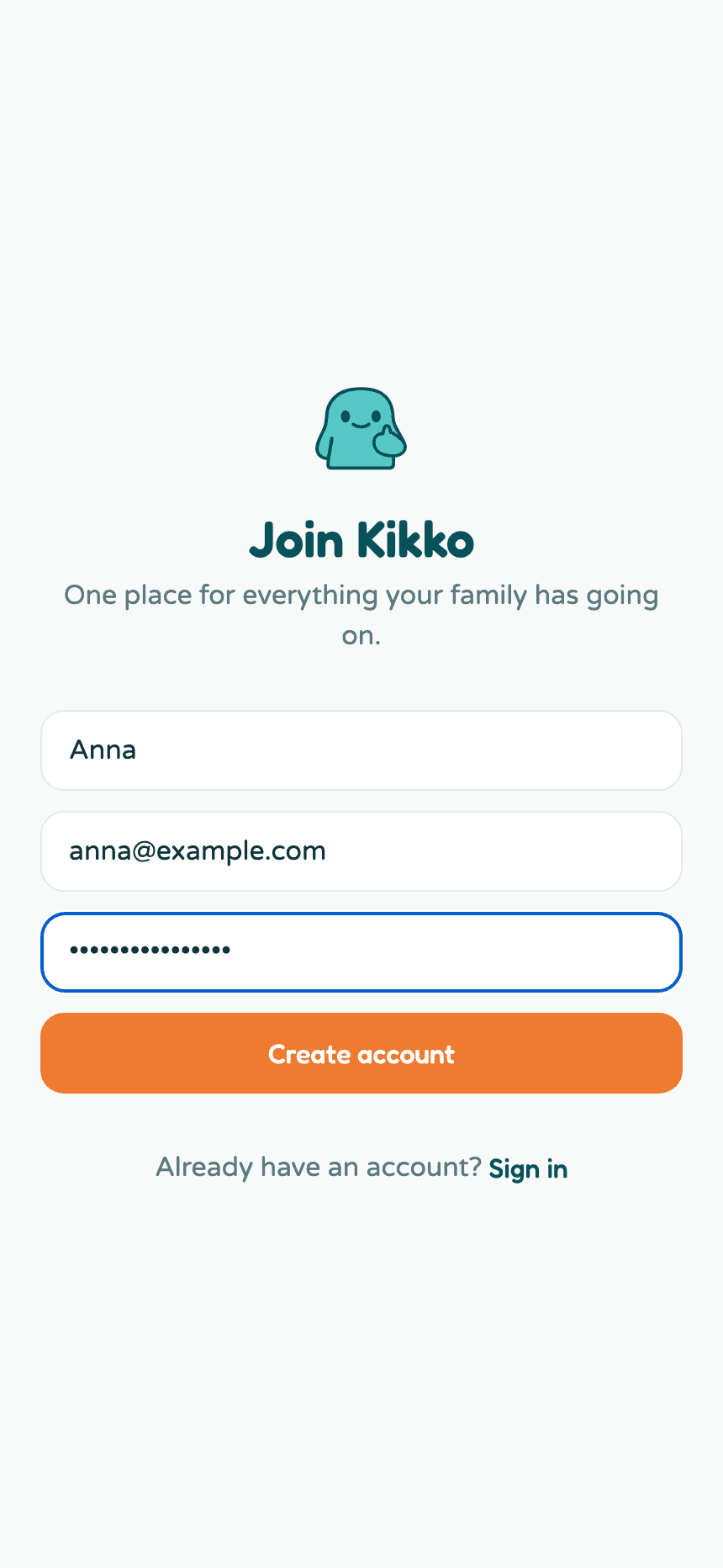The Kikko sign-up form with name, email, and password filled in