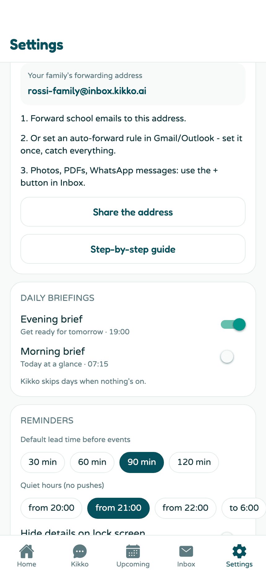 The daily briefings card in Settings with evening and morning toggles