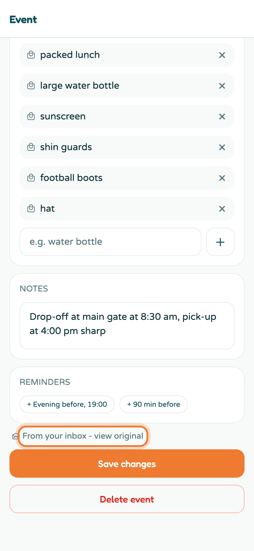An event detail screen with the From your inbox source link highlighted