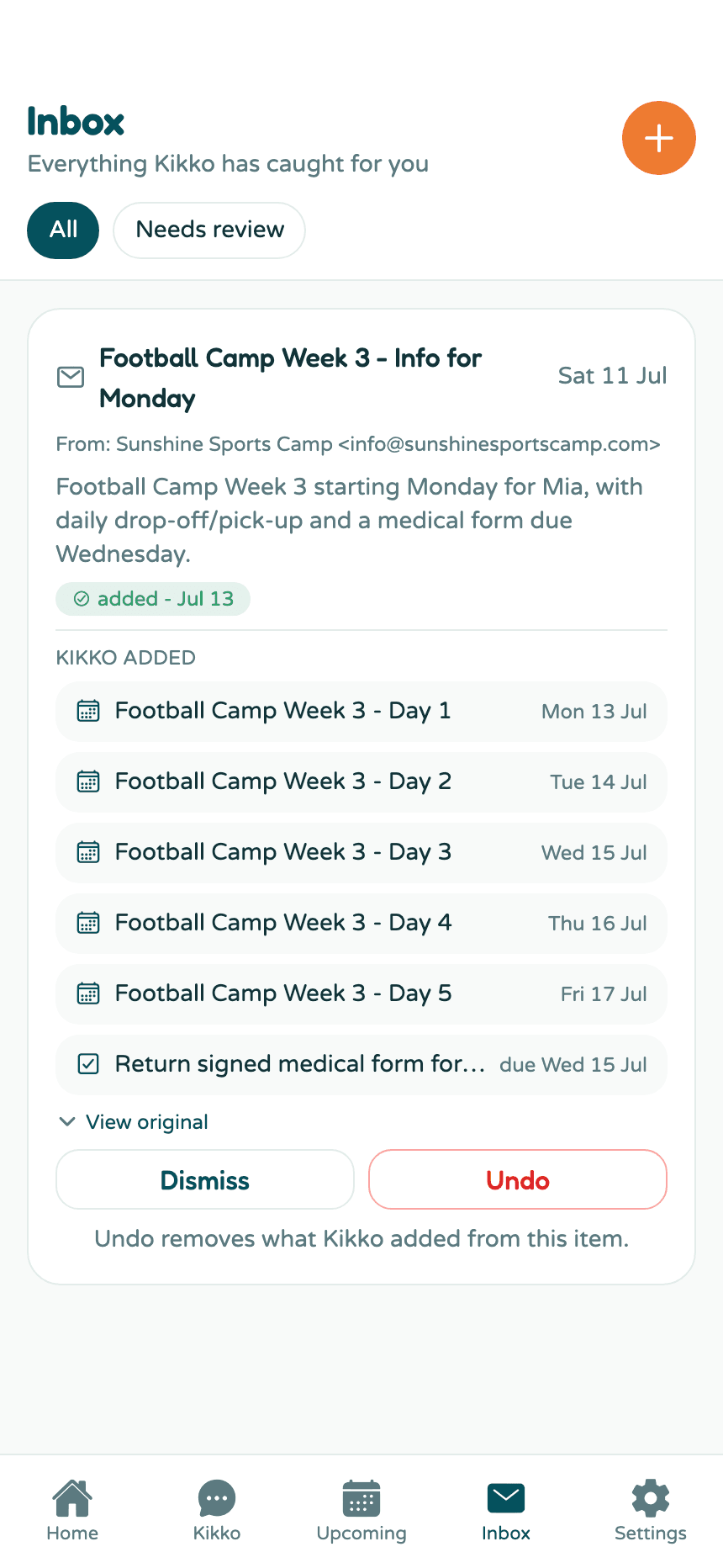 An inbox item from a forwarded camp email, expanded to show five events and a task Kikko created