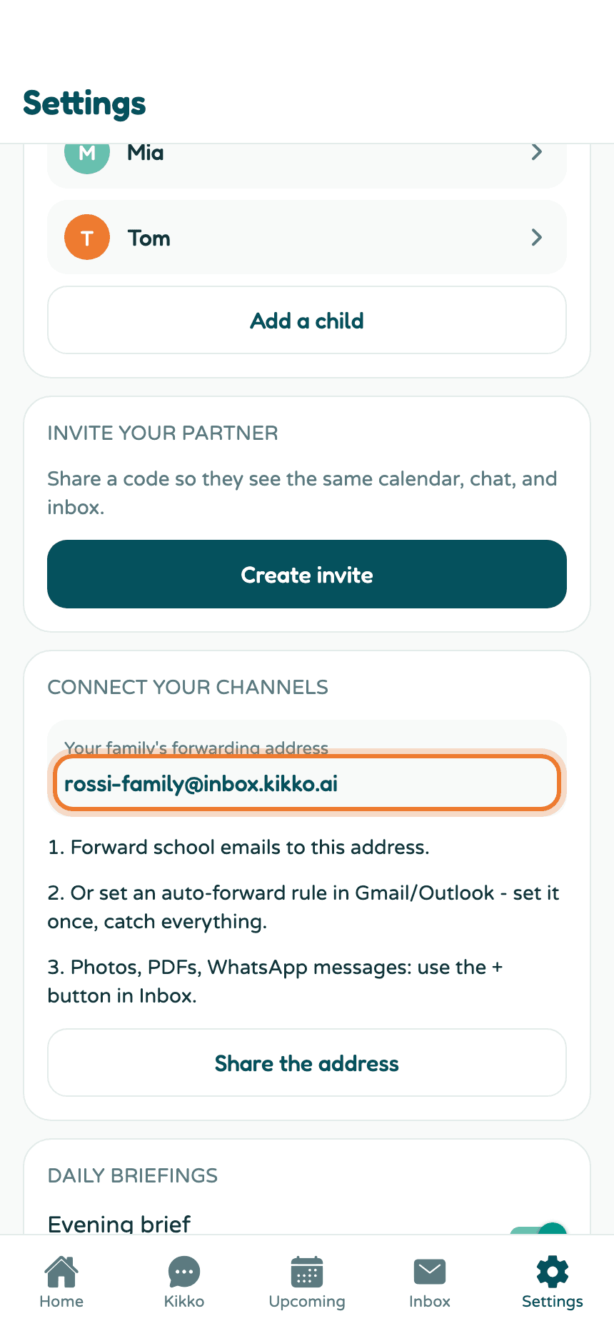 The Connect your channels card in Settings with the family forwarding address highlighted