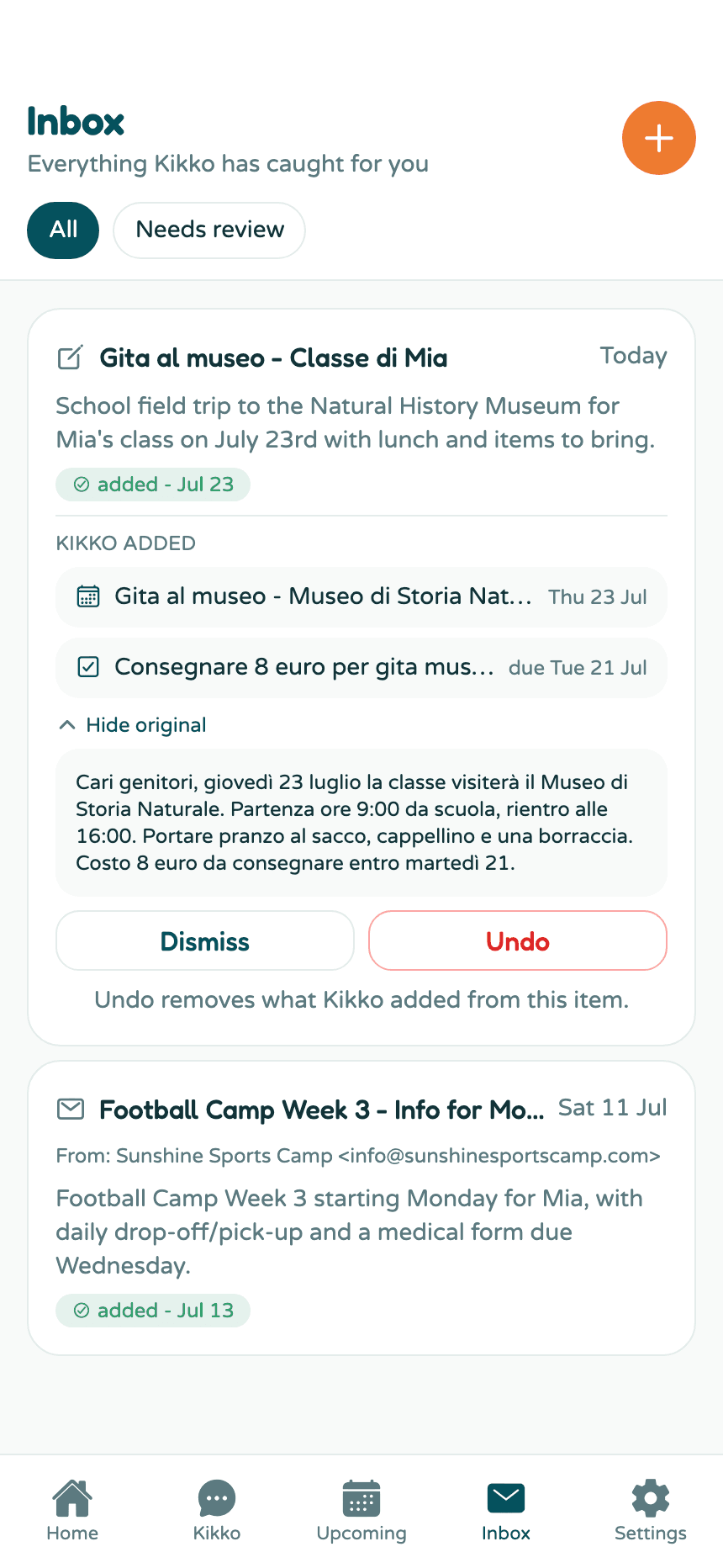 An inbox item with the original Italian flyer text expanded