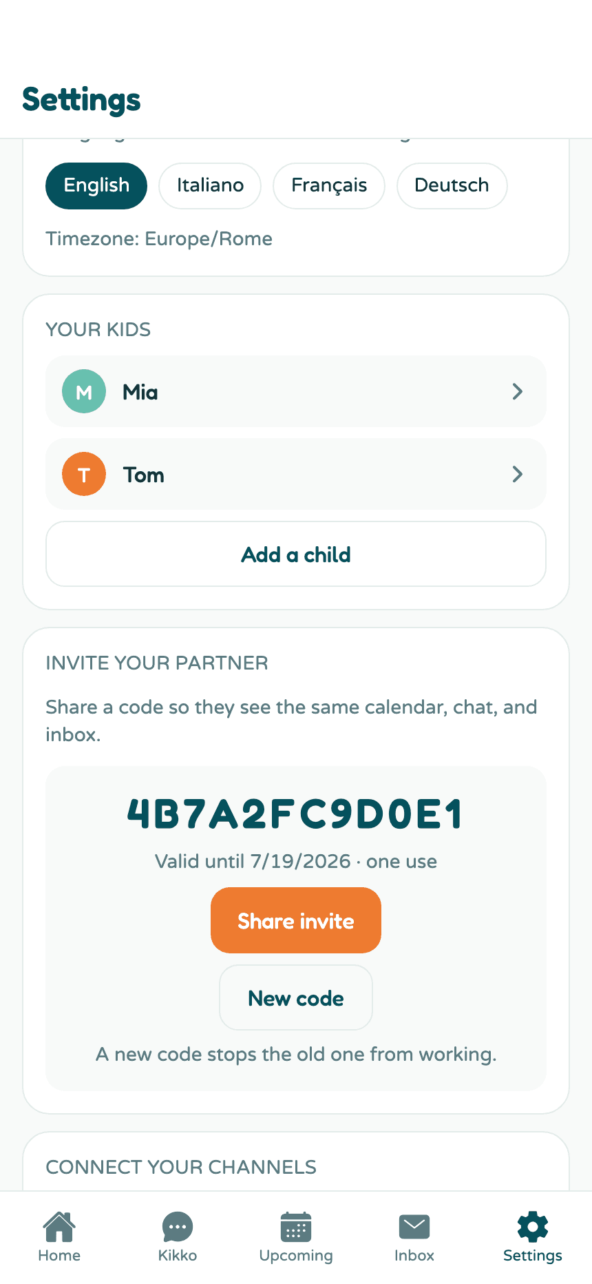 The invite card showing an active code with Share invite and New code buttons