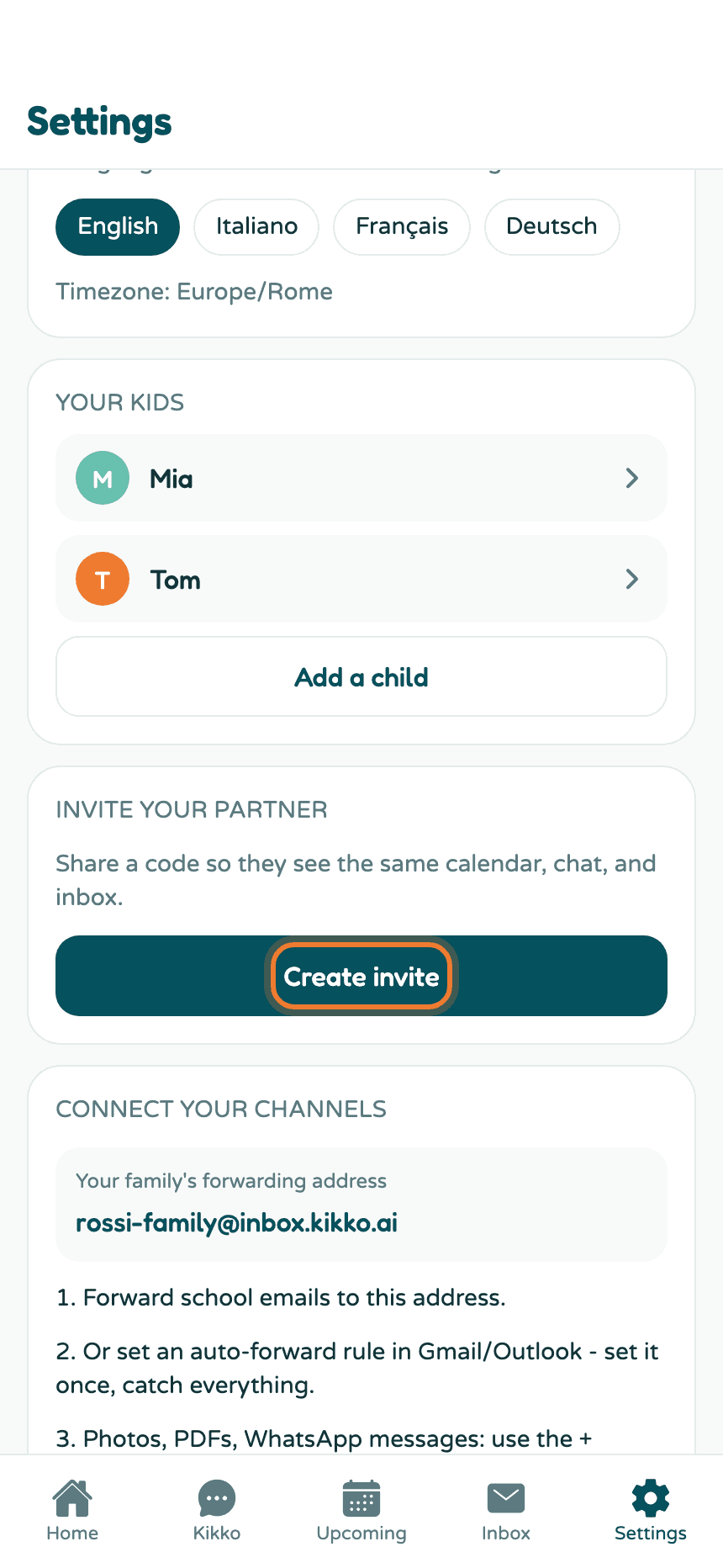 The Settings screen with the Create invite button highlighted