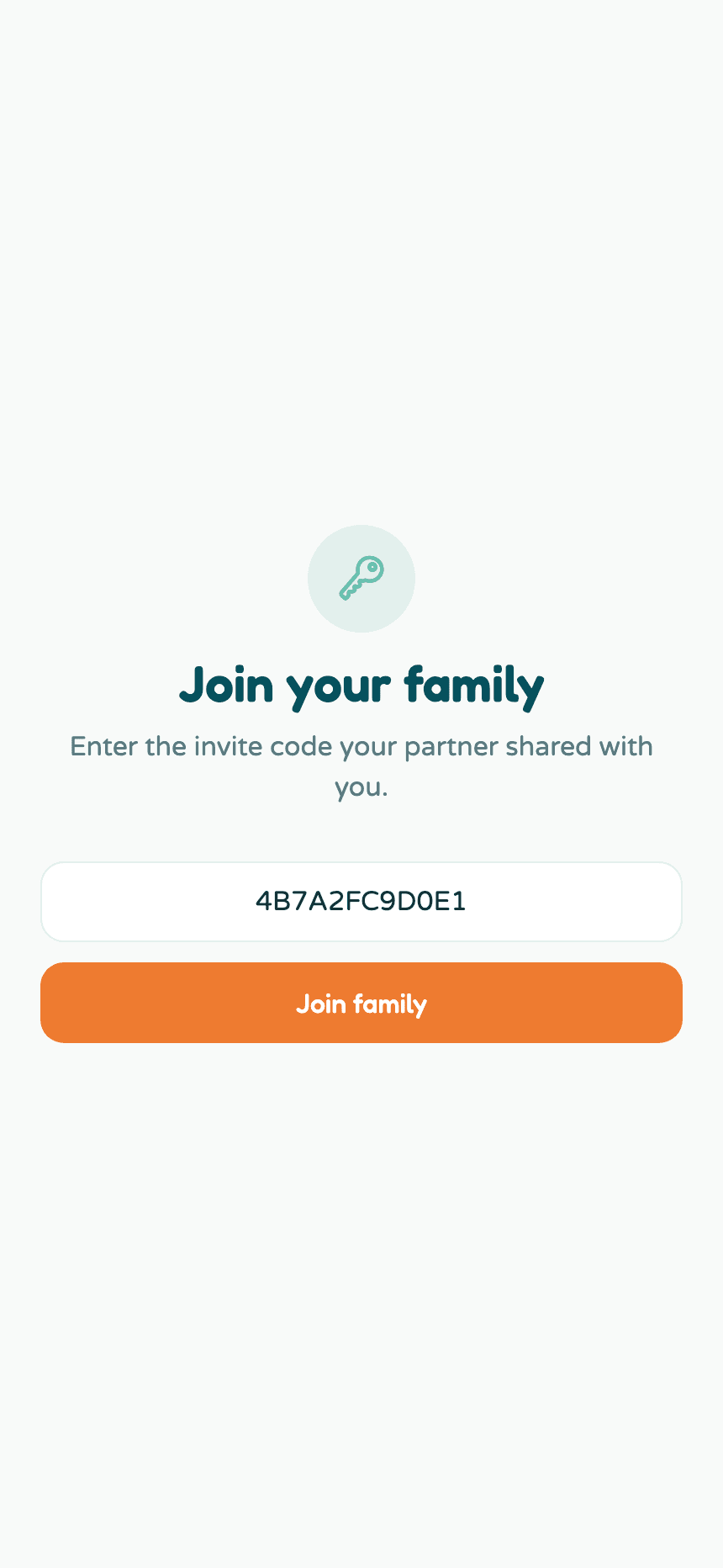 The join your family screen with an invite code prefilled