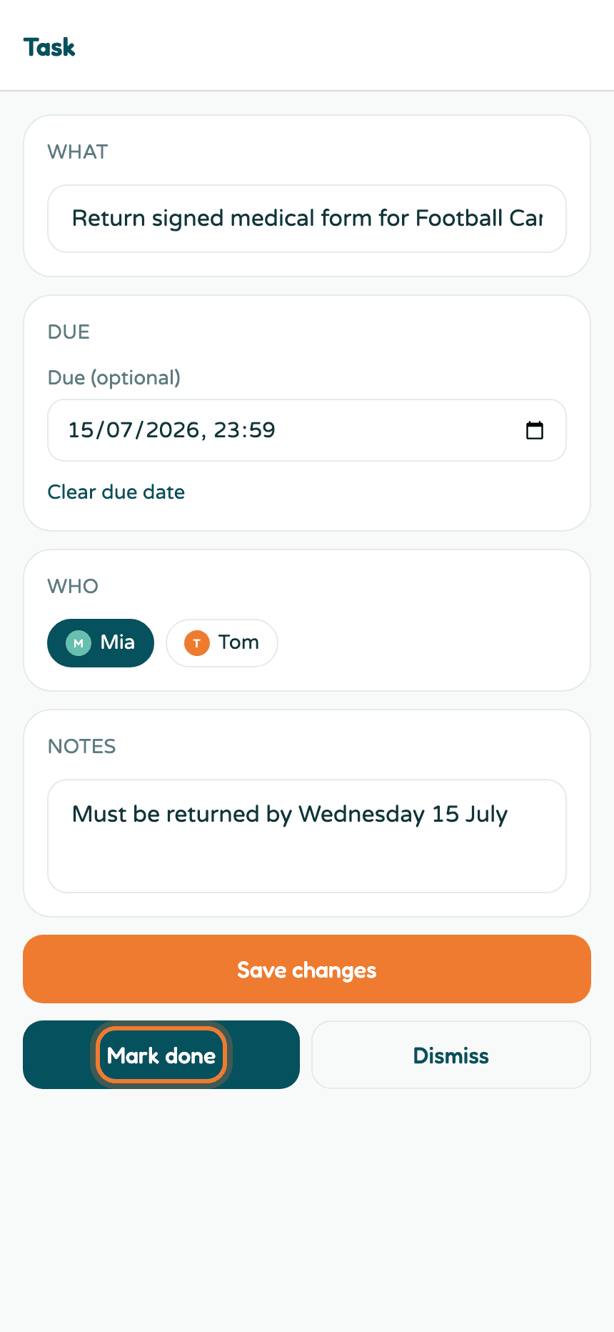 A task detail screen with title, due date, kid, notes, and the Mark done button highlighted