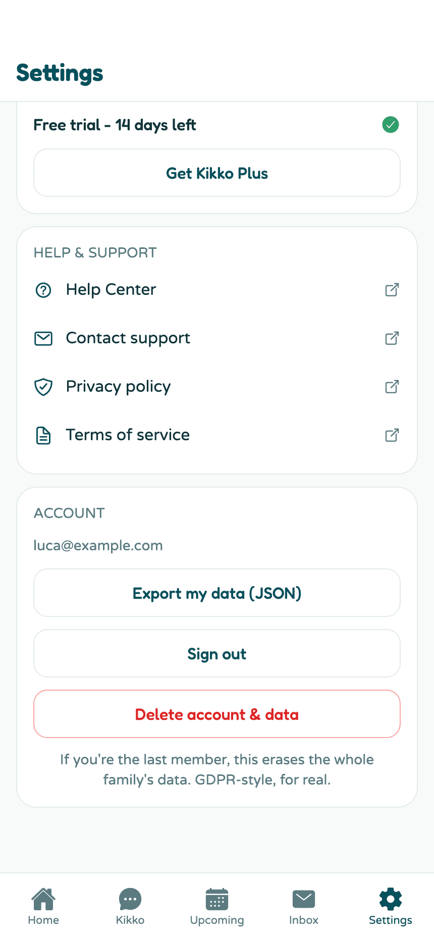 The account card in Settings with export, sign out, and delete options