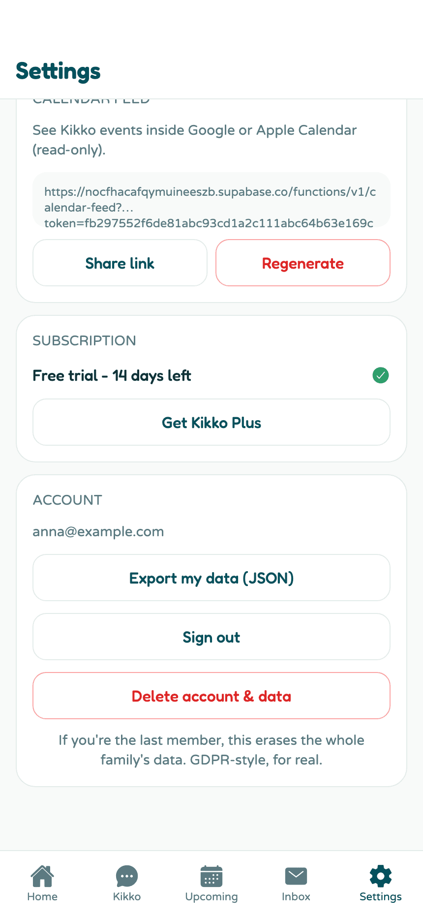 The account card showing the Delete account and data button