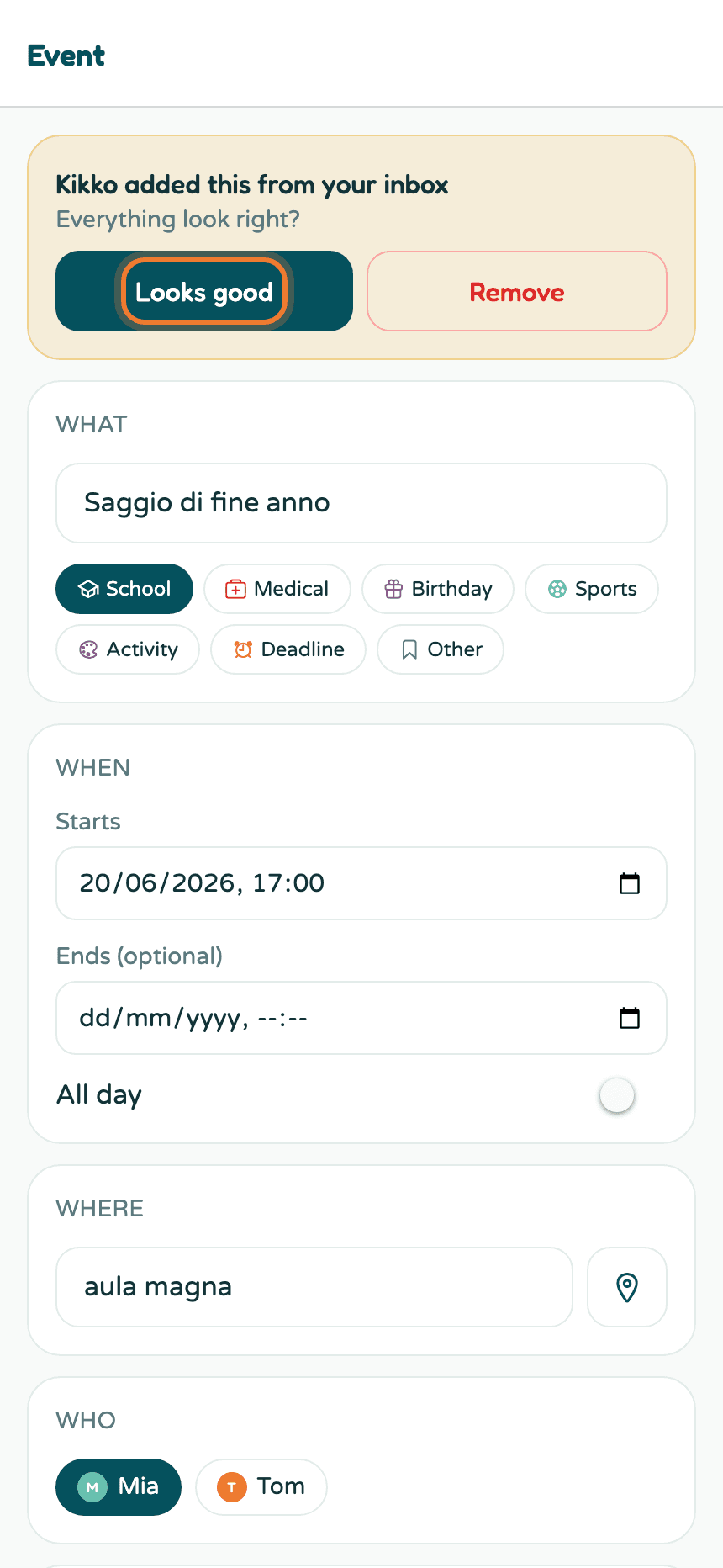 An event detail with the review banner and the Looks good button highlighted