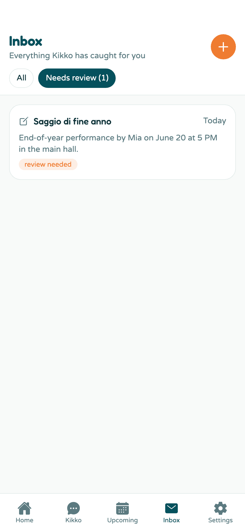 The Inbox filtered to Needs review showing one flagged item