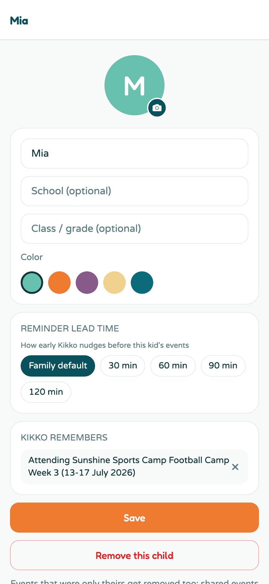 A kid's profile with the reminder lead time section showing Family default and override chips