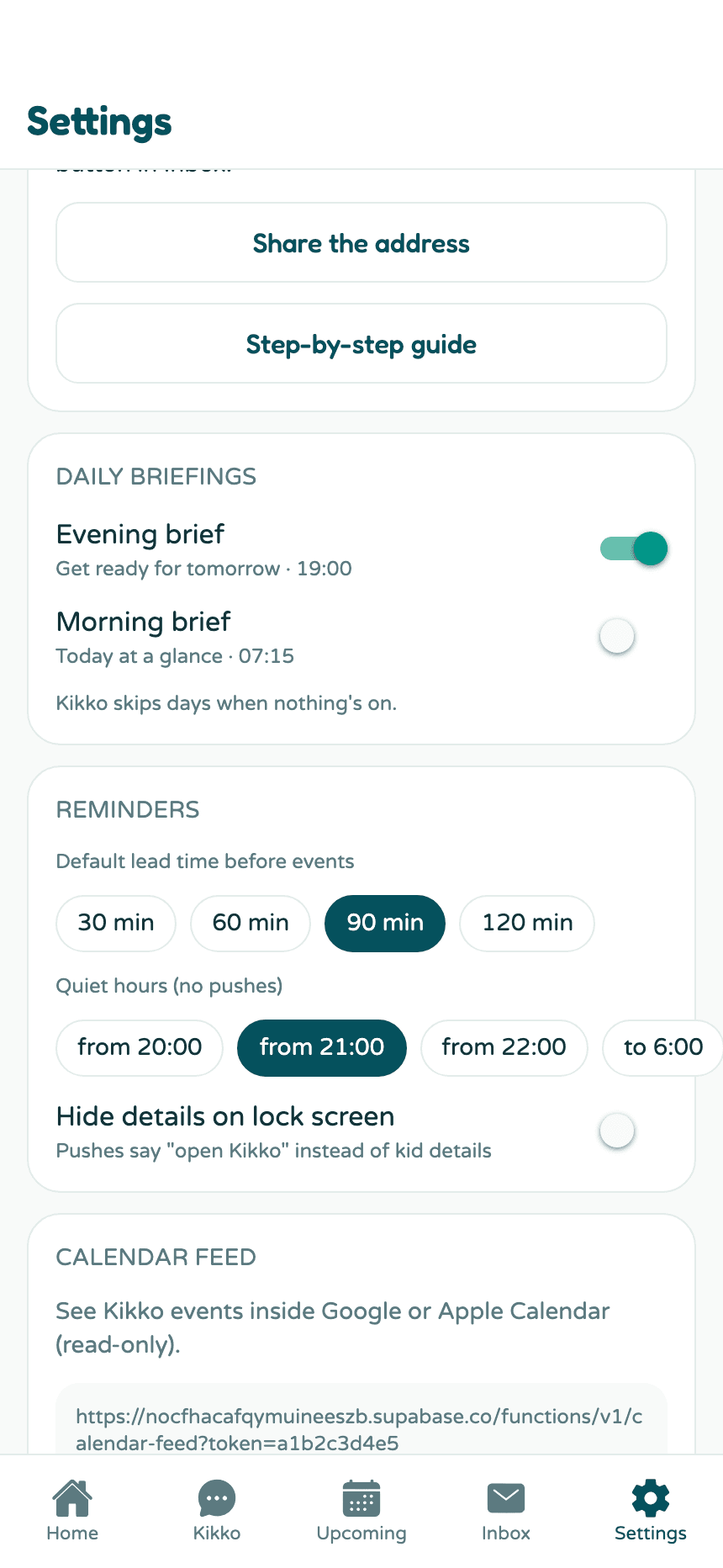 The reminders card in Settings with lead time chips, quiet hours, and the lock screen toggle