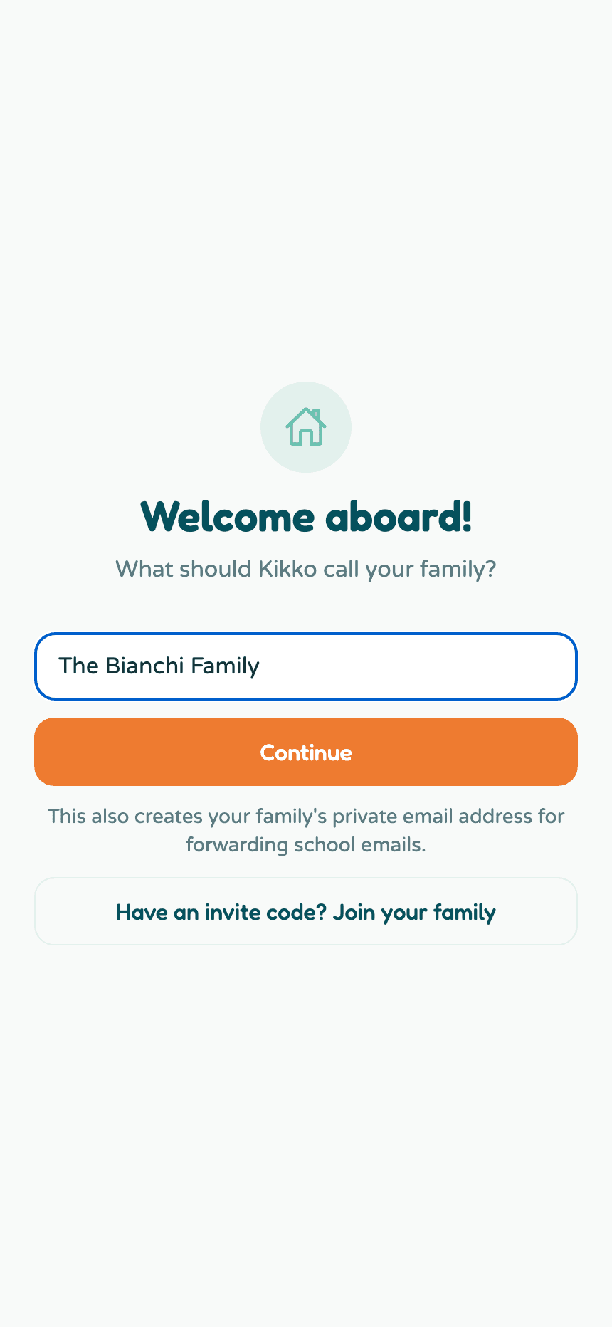 The create family screen with a family name typed in