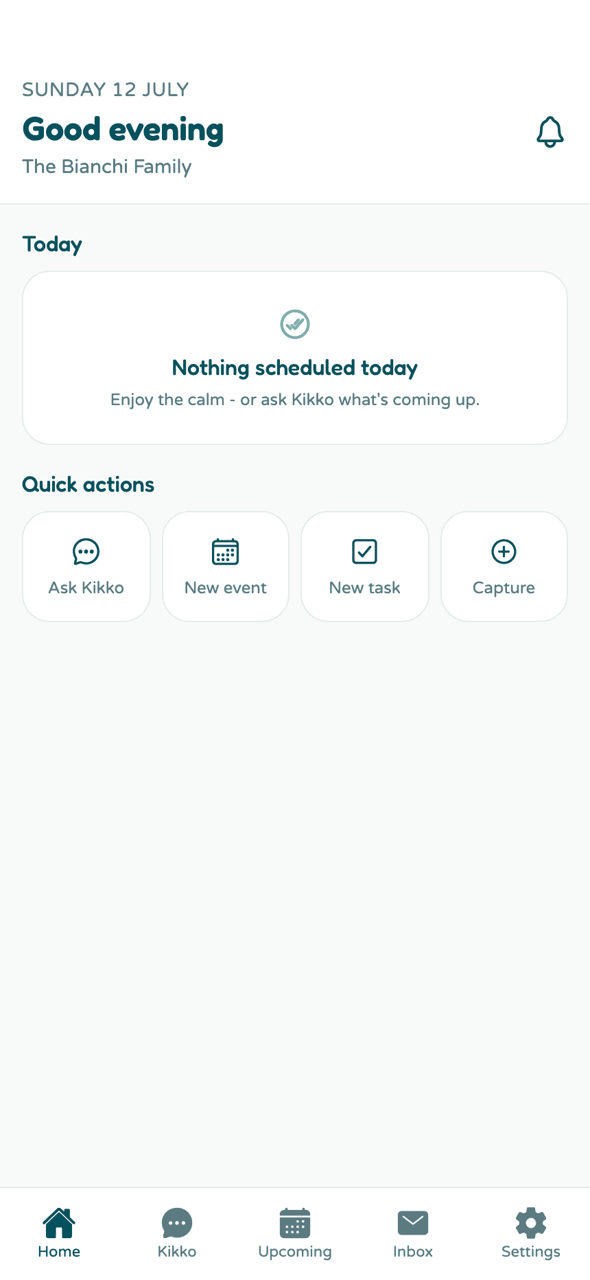 The Home screen of a brand new family with nothing scheduled yet