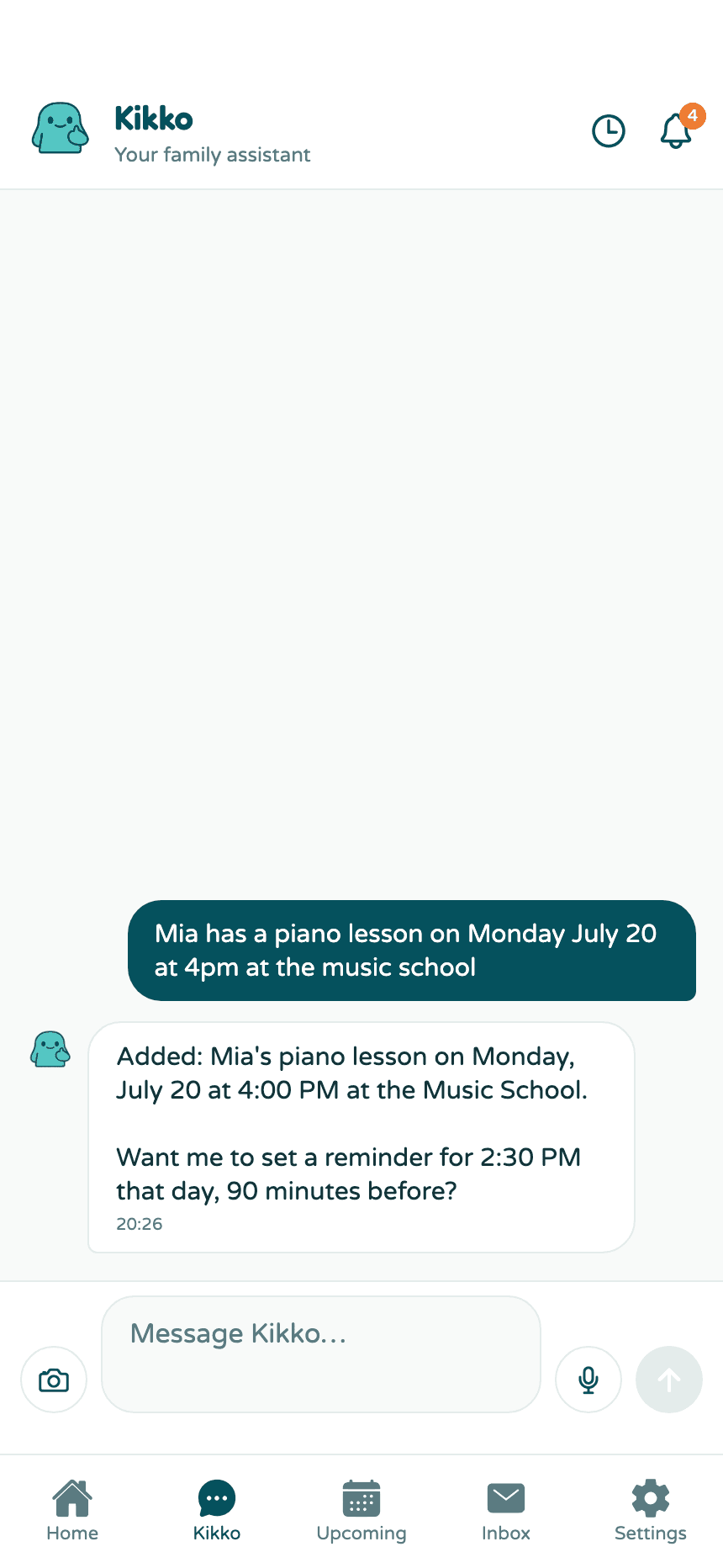 Kikko's reply confirming the piano lesson was added and offering a reminder