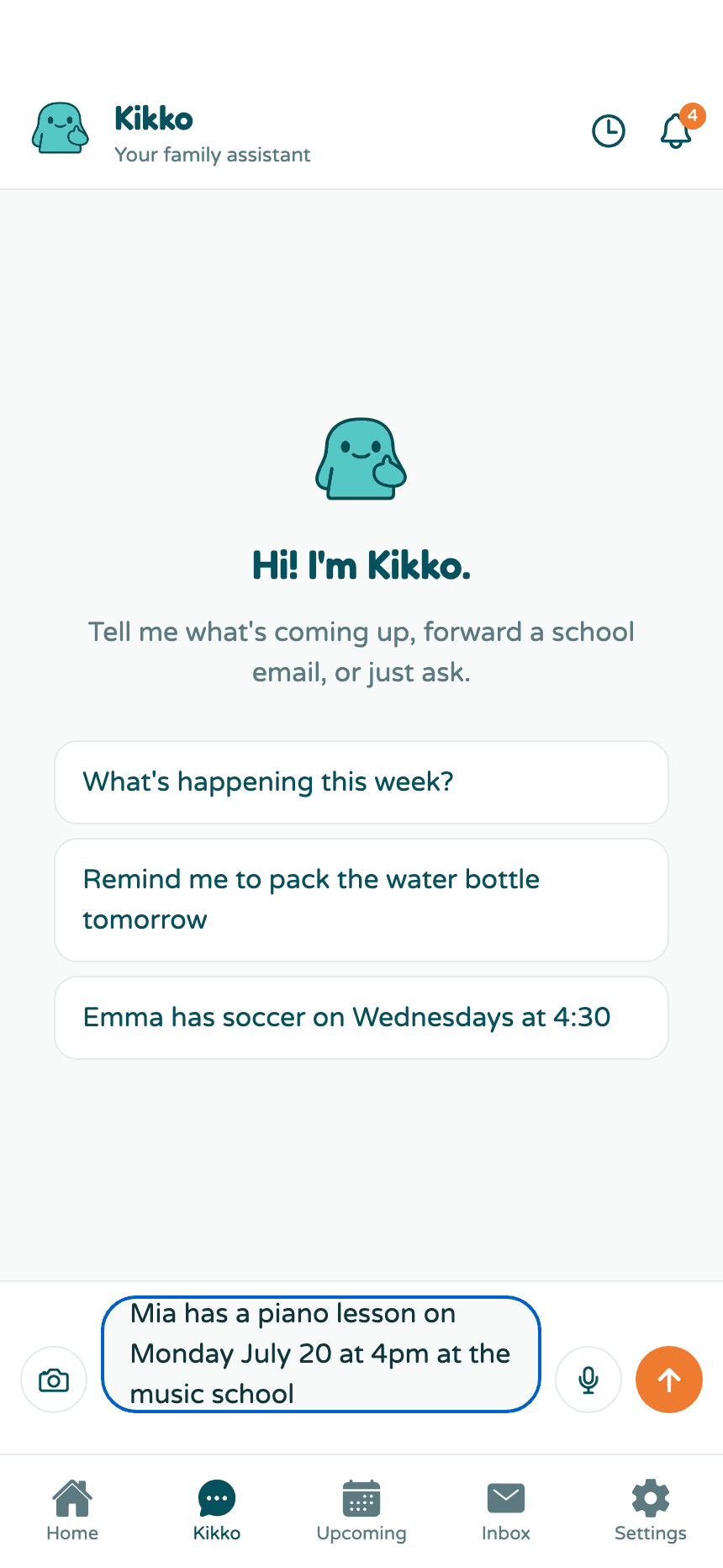 A message typed in the chat: Mia has a piano lesson on Monday July 20 at 4pm at the music school