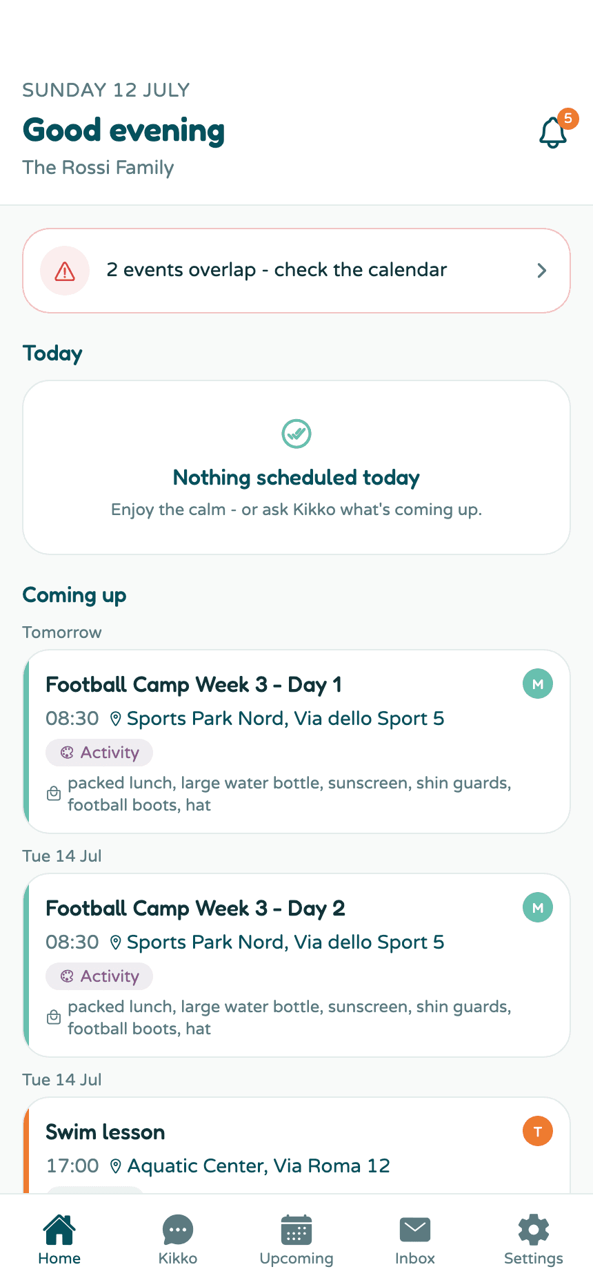 The Home tab showing an attention banner, today's schedule, and upcoming events
