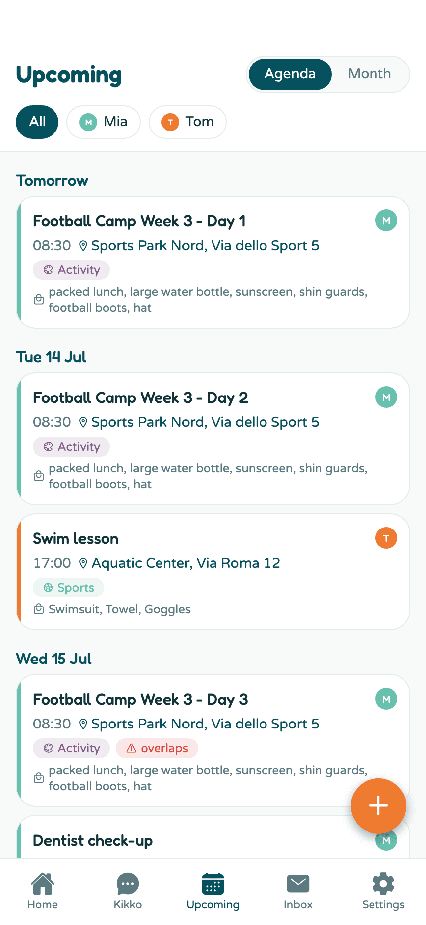 The agenda view with events grouped by day, each with time, place, and bring items